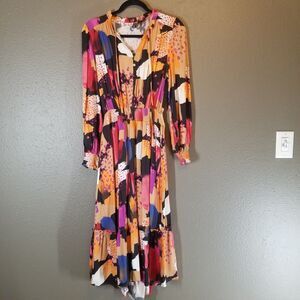 Fate S Dress Midi Abstract Colorful Smocked Waist And Cuff Long Sleeve Bohemian